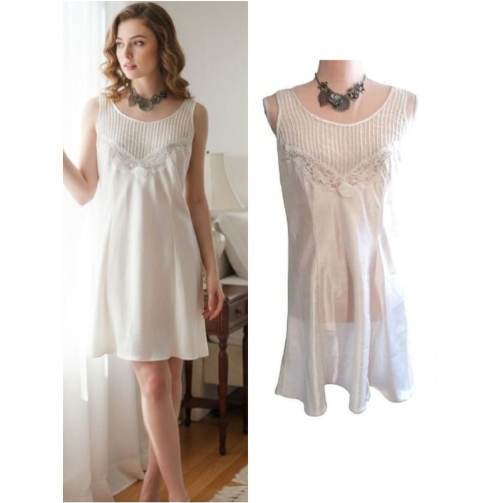 VTG 80s White Satin Floral Lace Rosette Coquette Mini Slip Dress Small Lingerie